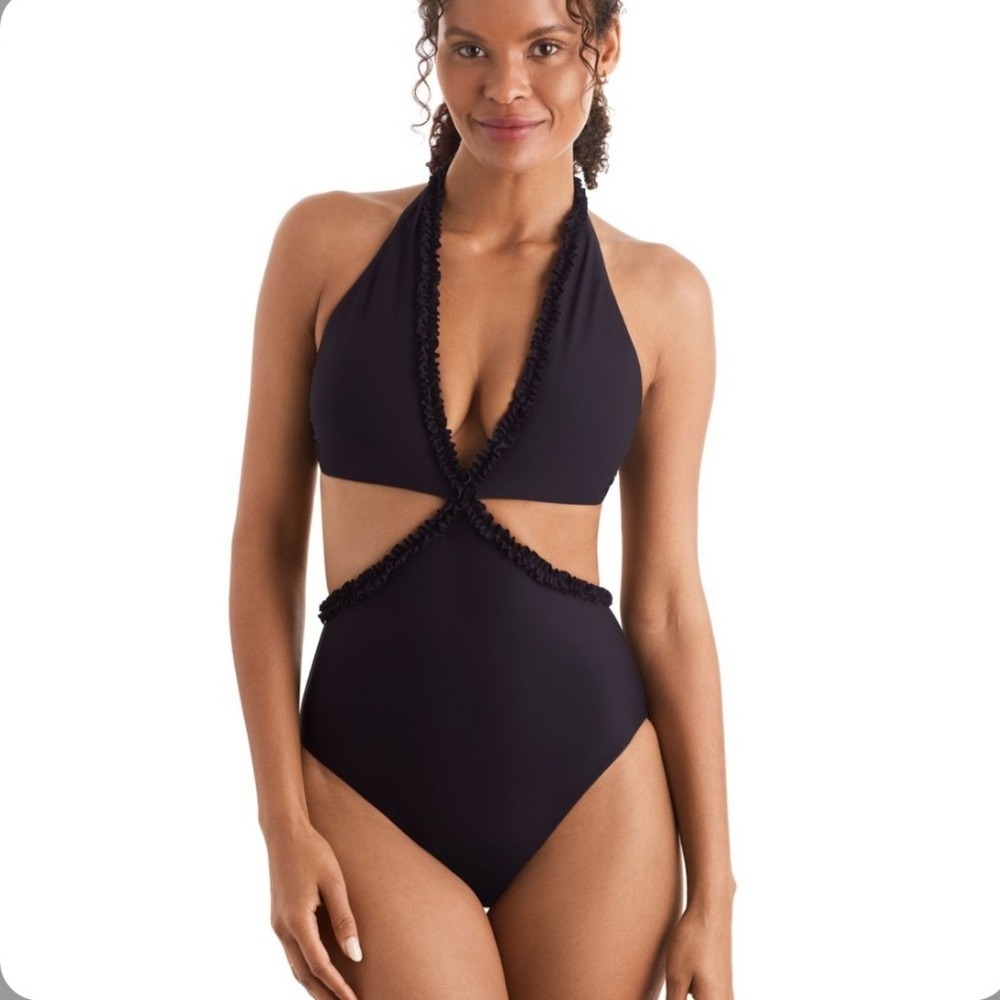Mimi Flamingo One Piece Swimsuit Womens 10 Black Cutout Ruffle Halter NWT $129